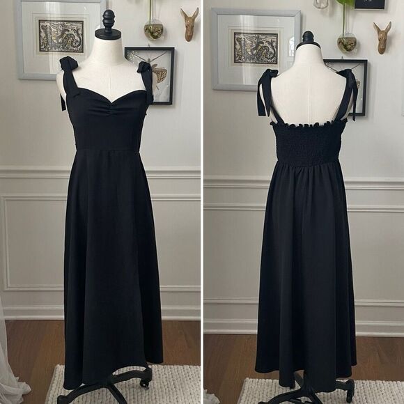 SHEIN Black Shoulder Tie Midi Dress Smocked Back M 6 - Picture 1 of 8